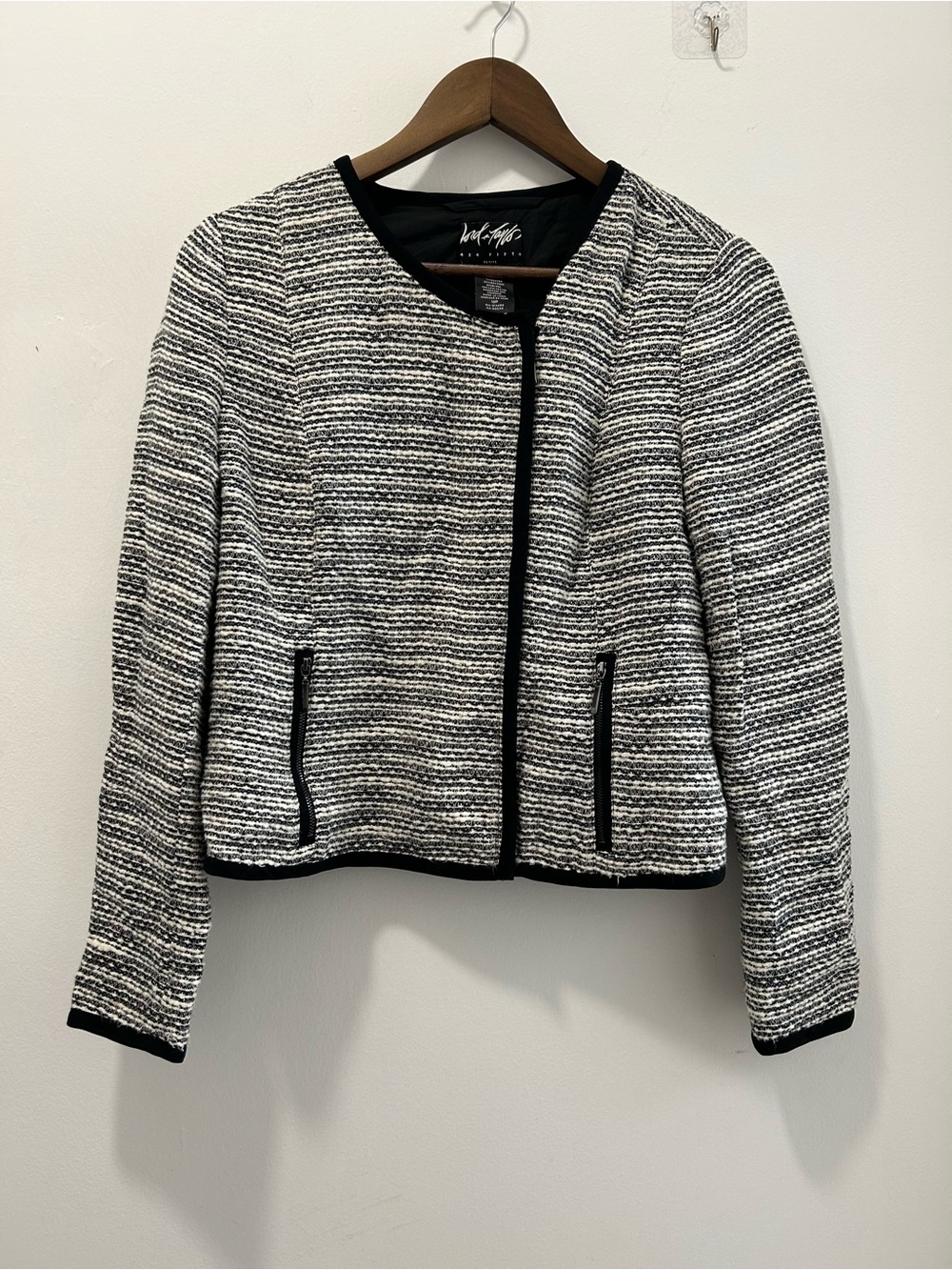 Lord & Taylor Black and White Tweed Collarless Jacket